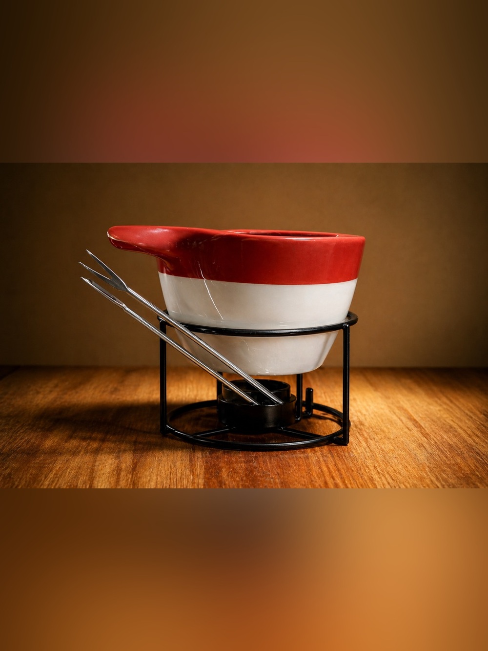Red and White Ceramic Fondue Set with Stand and Forks